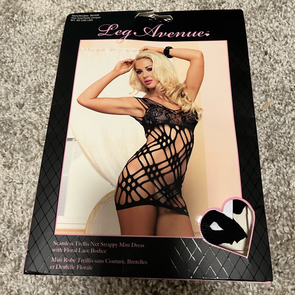 Leg Avenue Seamless Trellis Net Strappy Mini Dress with Floral Lace Bodice